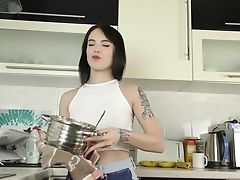 Delicious Honey Sonya Lynn Is Masturbating Raw Poon On The Kitchen Table