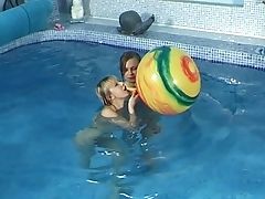 Awesome Suntanned Lezzies Love Playing And Spooning Their Cunts In The Swimming Pool